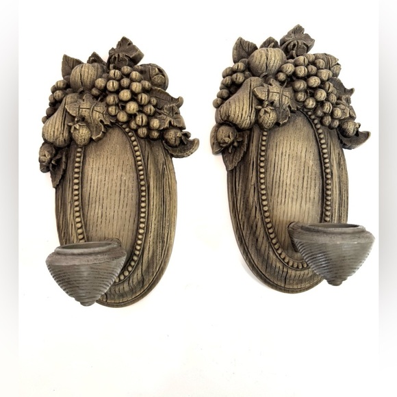 Vintage Homco Gray Weathered Wood Fruit Sconce Candle Holders - Pair (1975) - Picture 1 of 9